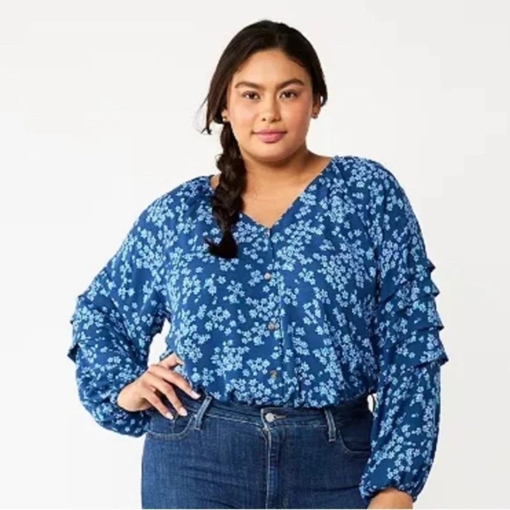 NWT Draper James Floral Blue Ruffle Sleeve Boho Bodysuit Blouse V Neck Size 2XL